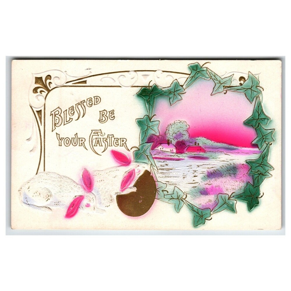 1911 Embossed Easter Postcard Bunny Rabbit Pink Sky Landscape Guthrie Center IA